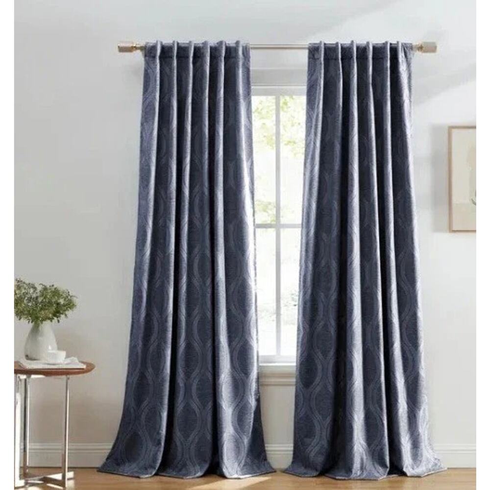 Silk Home Mitchell Blackout Curtains Navy 52x84 2 Panels Jacquard Geometric NEW